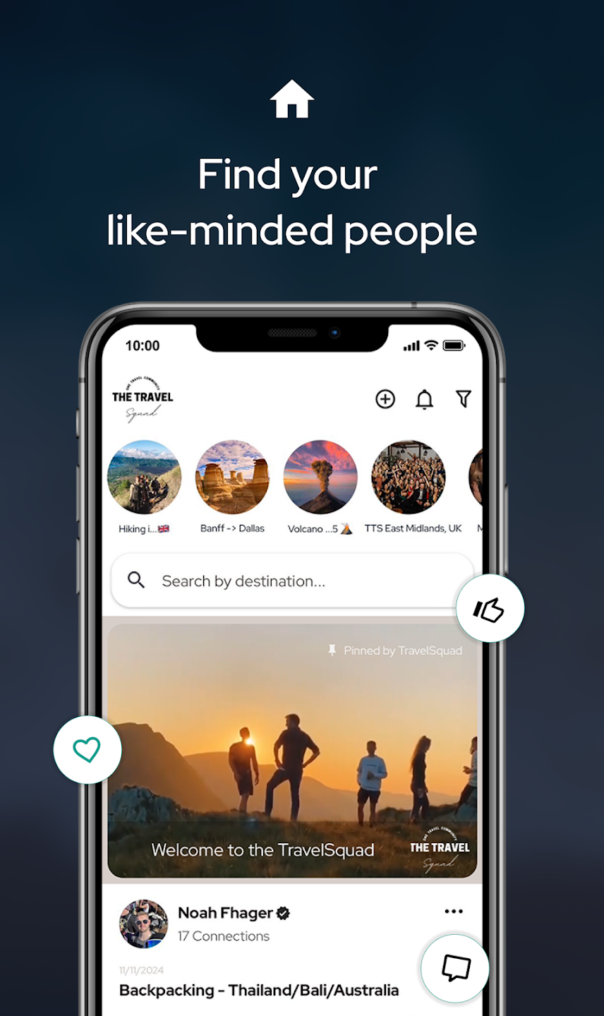 Travel Squad App Main Screen showing user profiles and travel connections